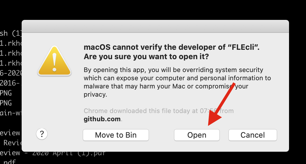 macOS cannot verify the developer of FLEcli.  Are you sure you want to open it?  Select open