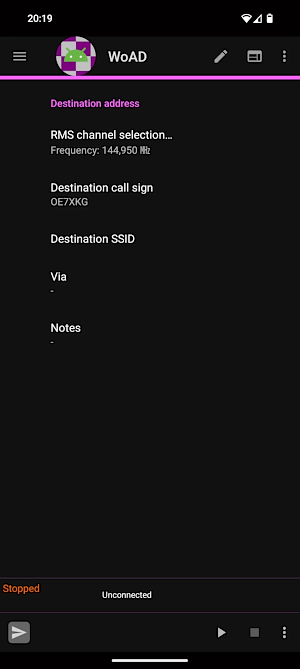 Destination config screen