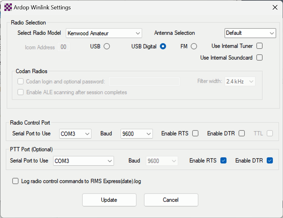 screenshot of the Winlink Radio settings