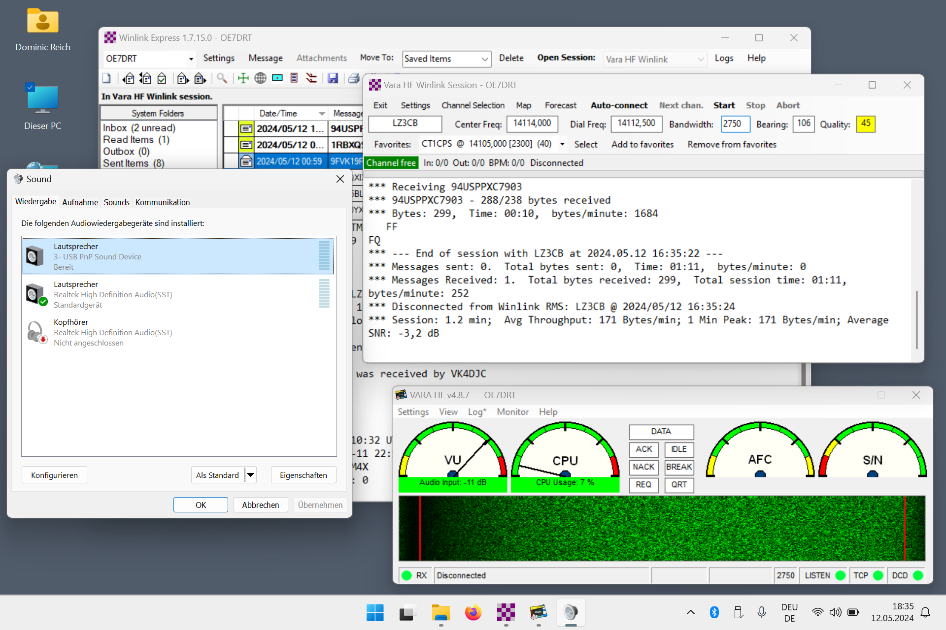 screenshot of an active VARA HF session