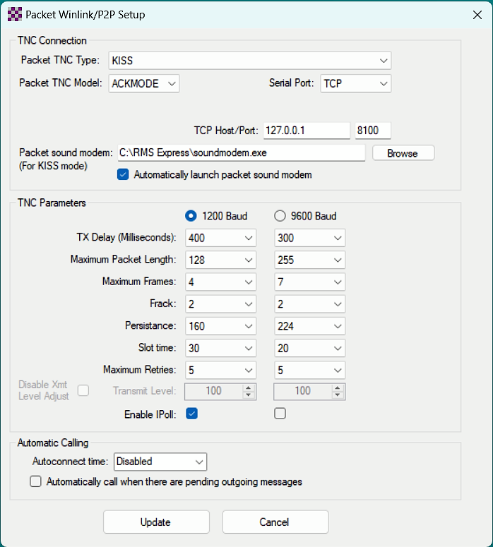 screenshot of the packet radio settings