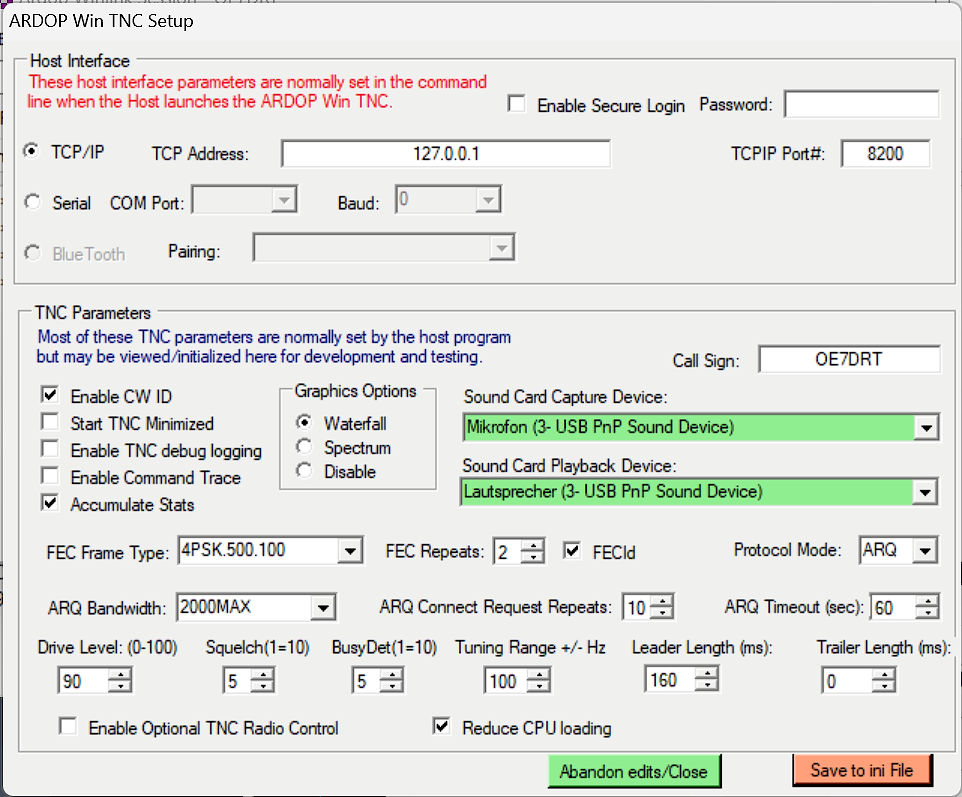 screenshot of the ARDOP settings