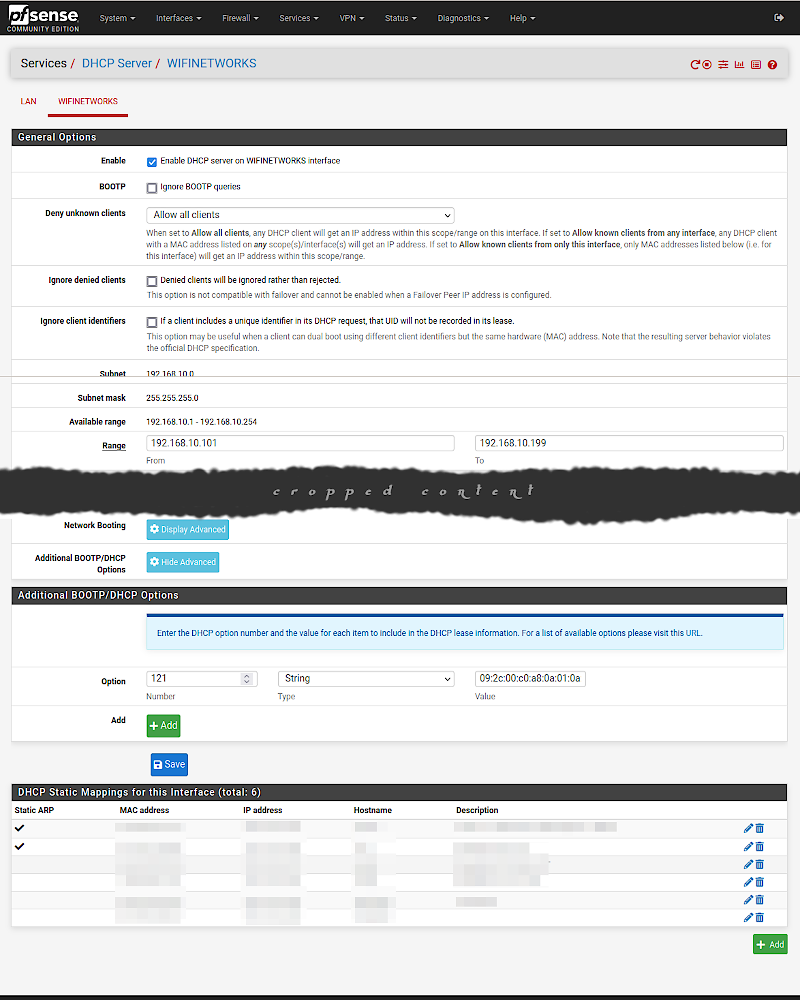 screenshot of the DHCP server options