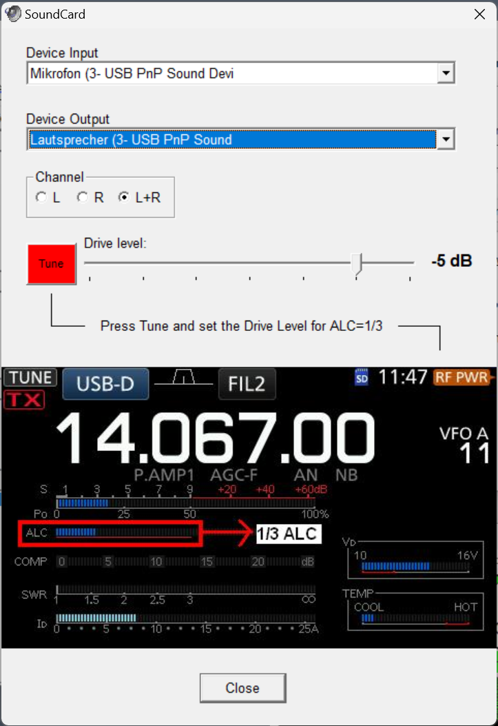 screenshot of the VARA HF soundcard settings