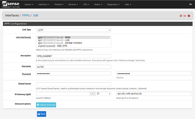 screenshot showing the PPP configuration