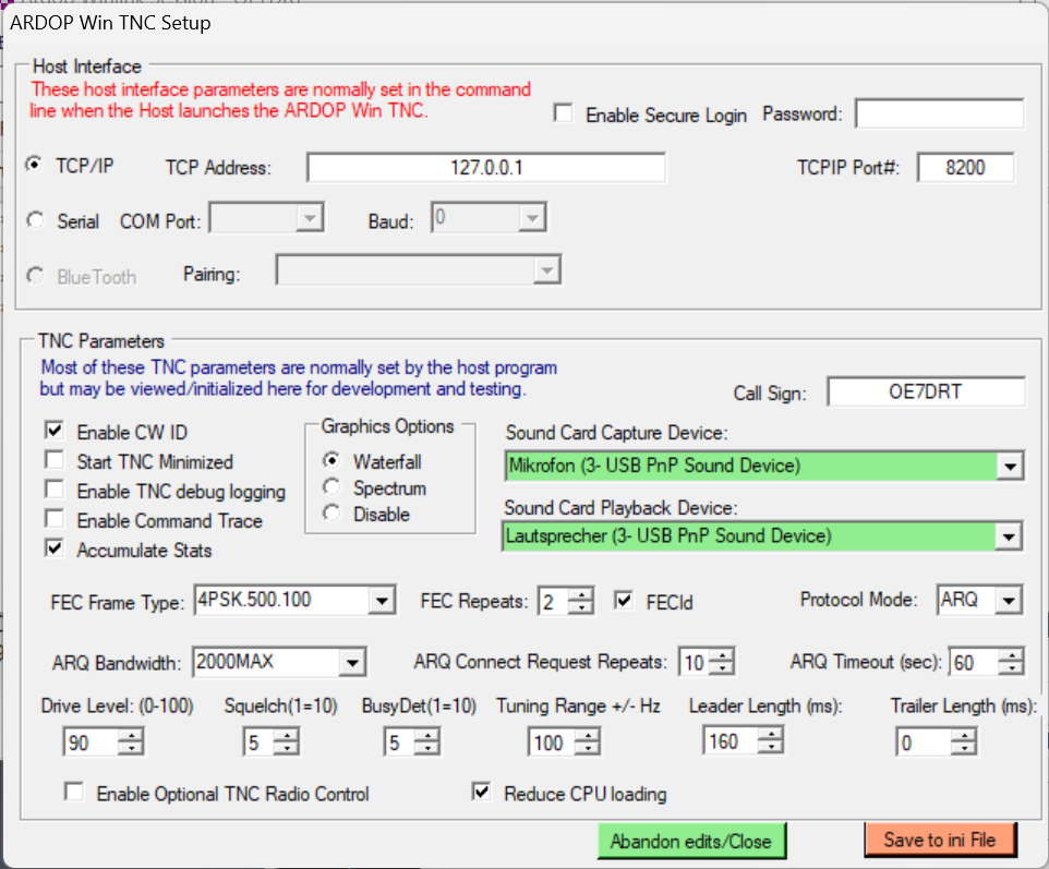 screenshot of the ARDOP settings