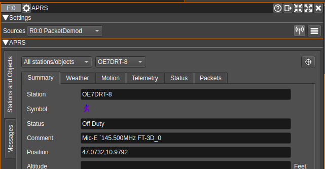 Example view of the APRS feature window