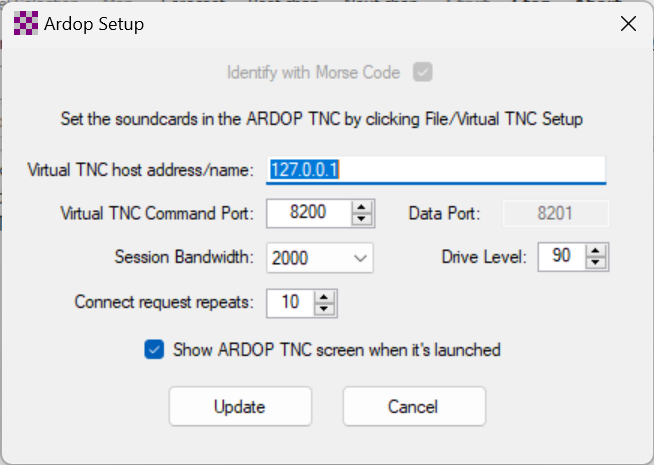 screenshot of the Winlink TNC settings