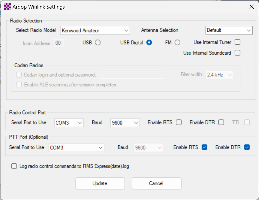 screenshot of the Winlink Radio settings