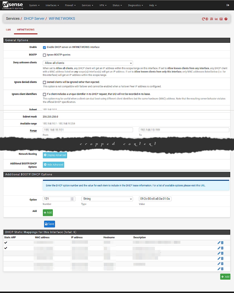 screenshot of the DHCP server options